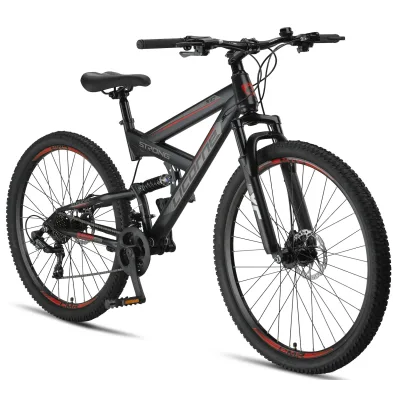 Licorne Bike Strong 2D Premium Mountainbike in 26, 27,5 und 29 Zoll - Fahrrad für Jungen, Mädchen, Damen und Herren - Scheibenbremse vorne und hinten - Shimano 21 Gang-Schaltung -  Farbe:Schwarz/Rot;Zoll:29.00