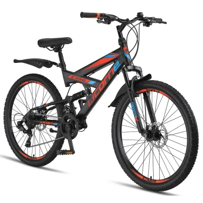 Licorne Bike Strong 2D Premium Mountainbike in 26, 27,5 und 29 Zoll - Fahrrad für Jungen, Mädchen, Damen und Herren - Scheibenbremse vorne und hinten - Shimano 21 Gang-Schaltung -  Zoll:26;Farbe:Schwarz/Blau/Orange