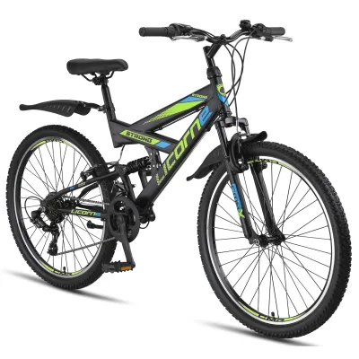 Licorne Bike Strong V Premium Mountainbike in 24 und 26 Zoll - Fahrrad für Jungen, Mädchen, Damen und Herren - Shimano 21 Gang-Schaltung - Vollfederung Farbe:Schwarz/Blau/Lime;Zoll:26
