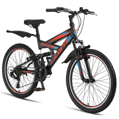 Licorne Bike Strong V Premium Mountainbike in 24 und 26 Zoll - Fahrrad für Jungen, Mädchen, Damen und Herren - Shimano 21 Gang-Schaltung - Vollfederung Zoll:24;Farbe:Schwarz/Blau/Orange