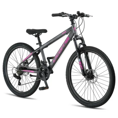 Licorne Bike Thunder Premium Mountainbike in 20, 24, 26, 27.5 und 29 Zoll Fahrrad für Mädchen Jungen Herren und Damen Discbremse Farbe:Anthrazit/Rosa;Größe:26 Zoll