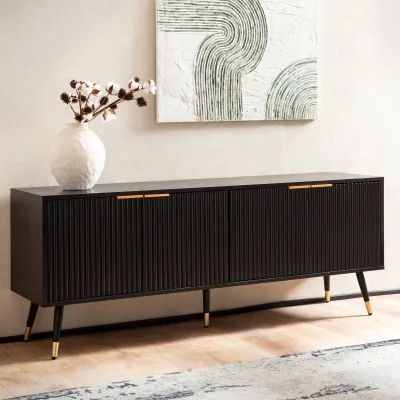 Lowboard FineBuy TV Schrank 150 cm Schwarz Türen Fernsehkommode Eiche Modern