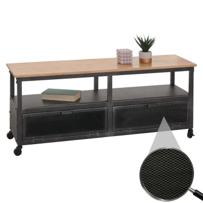 Lowboard MCW-N28, TV-Rack, Rollen 2 Fächer, 3D-Struktur Industrial Retro Metall Holz 55x130x36cm ~ schwarz, natur