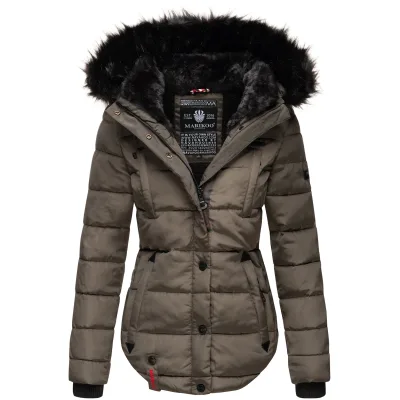 MARIKOO Damen Designer Steppjacke Winter Jacke mit edler Kunstpelz Kapuze Lotusblüte