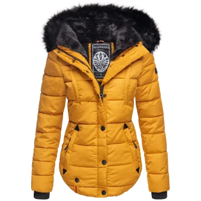 MARIKOO Damen Designer Steppjacke Winter Jacke mit edler Kunstpelz Kapuze Lotusblüte