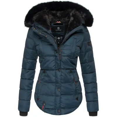 MARIKOO Damen Designer Steppjacke Winter Jacke mit edler Kunstpelz Kapuze Lotusblüte