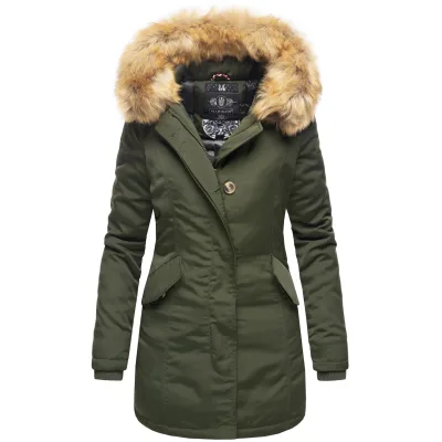 MARIKOO Damen edler Wintermantel Parka mit Kunstfellkapuze Karmaa