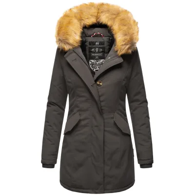 MARIKOO Damen edler Wintermantel Parka mit Kunstfellkapuze Karmaa