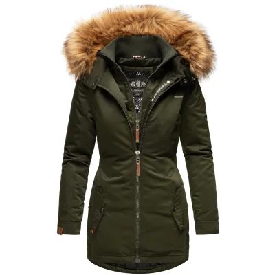 MARIKOO Damen Eleganter Wintermantel Kurzmantel mit Kunstfellkapuze Sanakoo