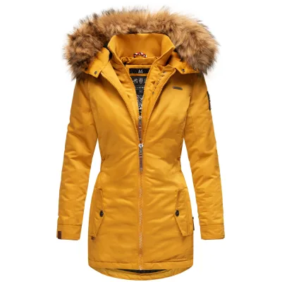 MARIKOO Damen Eleganter Wintermantel Kurzmantel mit Kunstfellkapuze Sanakoo