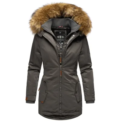MARIKOO Damen Eleganter Wintermantel Kurzmantel mit Kunstfellkapuze Sanakoo