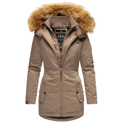 MARIKOO Damen Eleganter Wintermantel Kurzmantel mit Kunstfellkapuze Sanakoo
