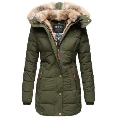 MARIKOO Damen stylischer Wintermantel Steppmantel mit Kunstpelz-Kapuze Lieblings Jacke