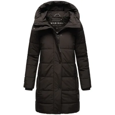 MARIKOO Damen Winterjacke Mantel lang warm gefüttert Steppjacke mit Kapuze taillierter Steppmantel Jacke Winter Karumikoo