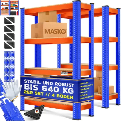 MASKO® 2er-Set Lagerregal Schwerlastregal, Kellerregal, verstellbare Ablagen, MDF-Platten Regal aus Metall, Steckregal, Werkstattregal, Keller, Garage