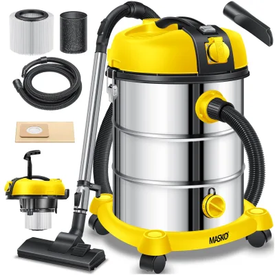 MASKO® Industriestaubsauger, Nass Trockensauger HEPA, 3 in 1 Filtersystem, 58 l/s Werkstattsauger mit Steckdose, 2300W, 30L, Industriesauger mit & ohne Beutel, Filter + Aufsätze, Push&Clean