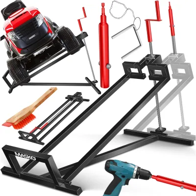 MASKO® XXL Rasentraktorheber 450 kg Hebevorrichtung Hebebühne Aufsitzmäher – Rasentraktor Heber, 45° verstellbar, universal Reinigungshilfe mit Zubehör & Adapter (je nach Wahl)