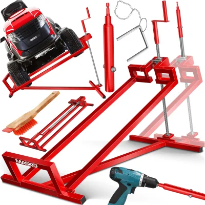 MASKO® XXL Rasentraktorheber 450 kg Hebevorrichtung Hebebühne Aufsitzmäher – Rasentraktor Heber, 45° verstellbar, universal Reinigungshilfe mit Zubehör & Adapter (je nach Wahl)