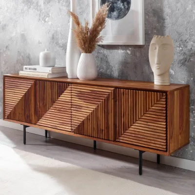 Massive TV-Board Kommode 140cm Sheesham Massivholz 3 Türen Fernsehschrank Lowboard