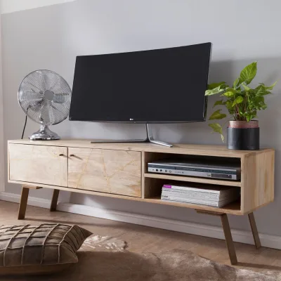 Massives TV-Board 145cm Mango Massivholz hell Fernsehschrank mit 2 Türen & Ablage Lowboard