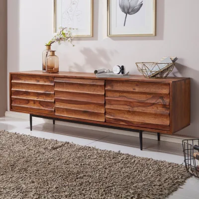 Massives TV-Board 150 cm Sheesham Massivholz Fernsehschrank mit 3 Türen Lowboard