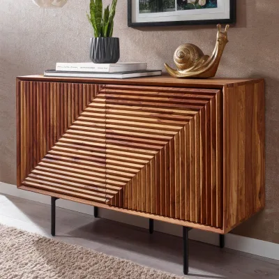 Massivholz Design Sideboard 100cm Sheesham Kommode mit 2 Türen Retro Design Metall schwarz