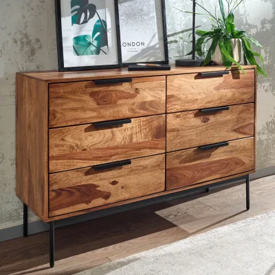 Massivholz Schubladenkommode 120cm Sheesham Natur Design Kommode mit 6 Schubladen Sideboard Metall schwarz