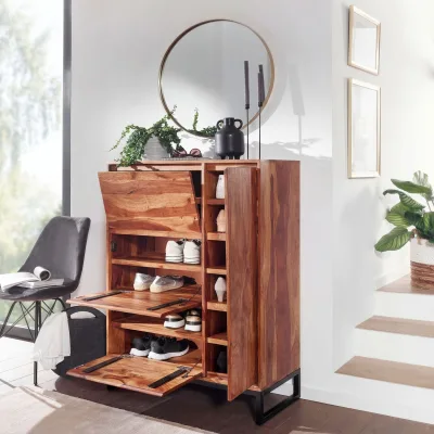 Massivholz Schuhschrank 90cm Sheesham Schuhkipper Schuhkommode für Garderobe Flur Schuhregal