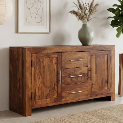Massivholz Sideboard 120cm Sheesham Kommode mit 2 Türen & 3 Schubladen Modernes Design