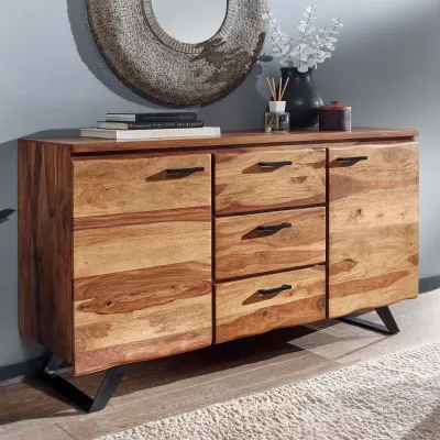 Massivholz Sideboard 145cm Sheesham Design Kommode mit 2 Türen & 3 Schubladen Baumkante
