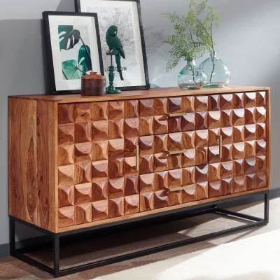 Massivholz Sideboard 145cm Sheesham Kommode mit 2 Türen & 3 Schubladen Retro 3D Design