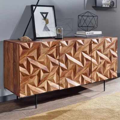 Massivholz Sideboard 145cm Sheesham Kommode mit 3 Türen Retro 3D Design Metall schwarz