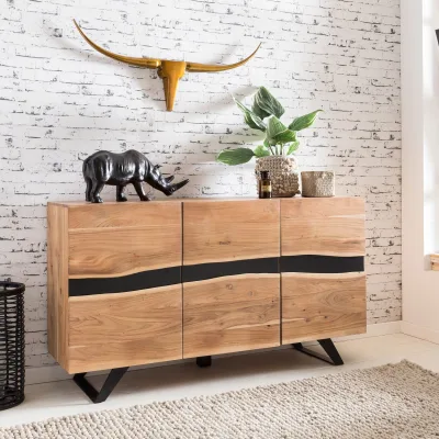 Massivholz Sideboard 150cm Akazie Natur Kommode mit 3 Türen Baumkante Metall schwarz