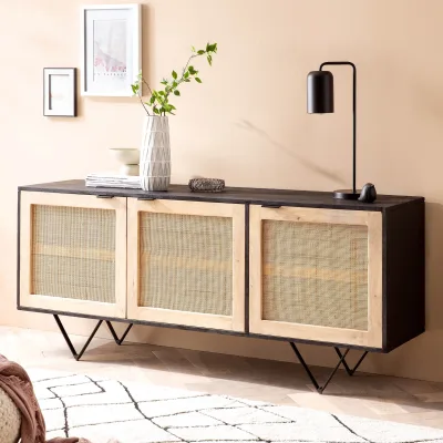 Massivholz Sideboard 175cm Mango Design Kommode mit 3 Rattan Wiener Geflecht Türen Schwarz