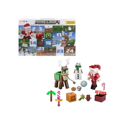 Mattel HXM86 - Minecraft - Adventskalender mit 24 Überraschungen - 3 Actionfiguren (ca. 8 cm), 17 Zubehörteile & 4 Aufkleber