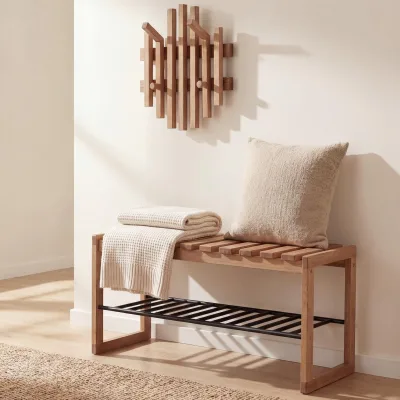 MCA Garderobenset MCW-P57, Garderobenpaneel Sitzbank Schuhablage, Massiv-Holz Eiche