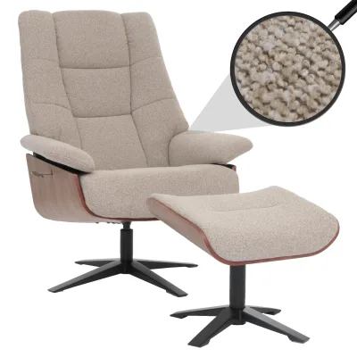 MCA Relaxsessel + Hocker MCW-N57, Fernsehsessel Liegesessel, Bouclé Stoff Holz ~ braun