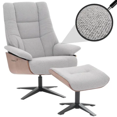 MCA Relaxsessel + Hocker MCW-N57, Fernsehsessel Liegesessel, Bouclé Stoff Holz ~ grau