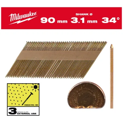Milwaukee D-Kopf-Nägel 34°, 90 mm, GS SC3, Ø 3,1 mm, Ringschaft feuerverzinkt (2.200)