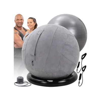 Miweba Sports 4in1-Gymnastikball-Set, Sitzball, 65 cm, Ballschale, Pumpe, Bezug, Schlingentrainer (Grau)
