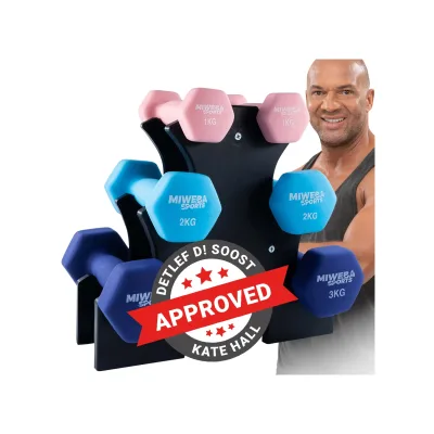 Miweba Sports Gymnastikhantel-Set NKH120, 1-3 kg, Neopren/Vinyl, Eisenkern, rutschfest, Hantelablage (Rosa, Türkis, Königsblau, Neopren)