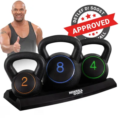 Miweba Sports Kettlebell-Set, 2-7 kg, Kettlebell-Ablage, Kugelhantel Indoor und Outdoor, Betonfüllung (2 - 8 kg)