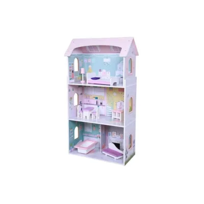 Moni Holz-Puppenhaus Anna 4121, 8-tlg. Möbelset, 3 Etagen, verschiedene Räume rosa