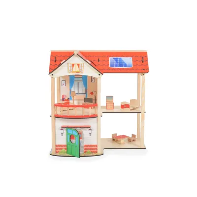 Moni Holz-Puppenhaus Elly 11 Möbelstücke, 2 Etagen, 4 Zimmer, Türe, Küche, Bad rot
