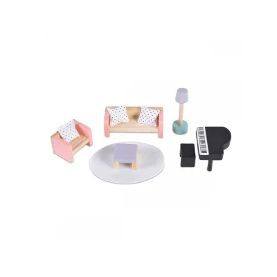 Moni Holz-Puppenmöbel Wohnzimmer 4011 Möbelset Klavier Sofa Lampe Tisch Teppich bunt