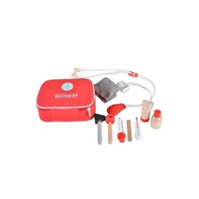 Moni Holzspielzeug Erste Hilfe Set 4501 Arztkoffer, 10-tlg, Tasche, Thermometer rot