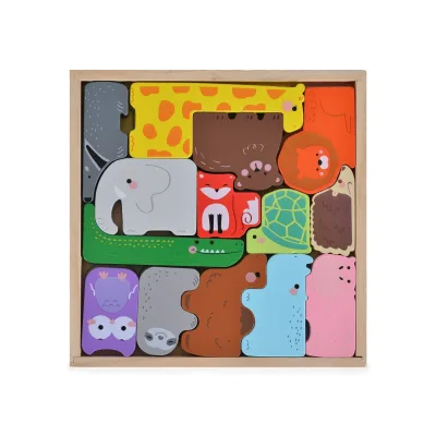 Moni Kinder Puzzle Tiere 3002 Holz, Sortierspiel, Farbpuzzle, 14 bunte Tiere bunt