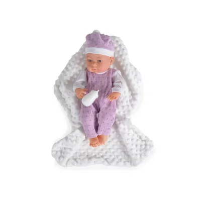 Moni Kinderpuppe 41 cm 9303, Kuscheldecke, Trinkflasche, Babypuppe, Set 3-teilig lila