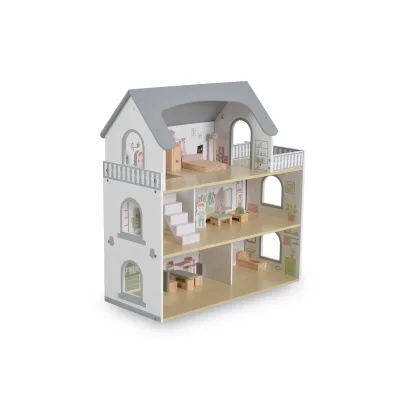 Moni Puppenhaus Ema Holz 3 Etagen Puppenfiguren 11-teiliges Möbelset Balkon weiß