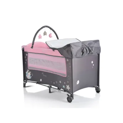 Moni Reisebett Sleepy Rollen, Wickelauflage, Matratze, Spielbogen, Seiteneingang grau pink